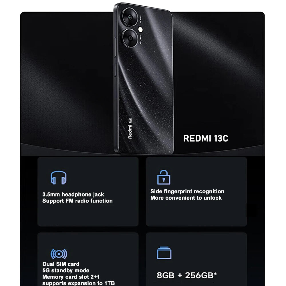 XIAOMI Redmi 13C smartphone tendance 6,74 pouces RAM : 8 Go ROM : 256 Go 5G NFC 5000 mAh 18 W Type-C LCD 90 Hz Téléphone de travail et de musique