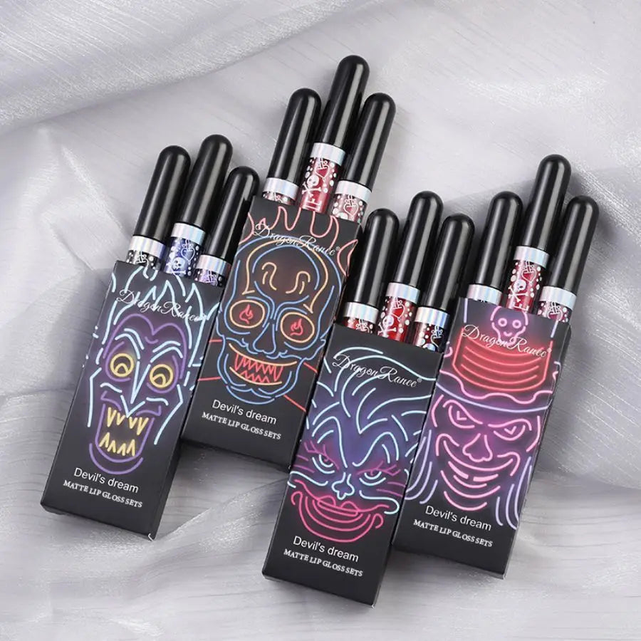 Lot de trois brillants à lèvres, rouge à lèvres nacré non-adhésif, ensemble de brillants à lèvres violets et noirs scintillants