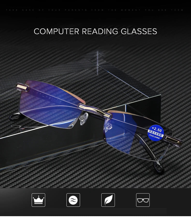 Lunettes de lecture anti-lumière bleue pour femmes, monture sans bords à découpe diamantée, pour hommes, anti-fatigue, hypermétropie, presbytie +1,5