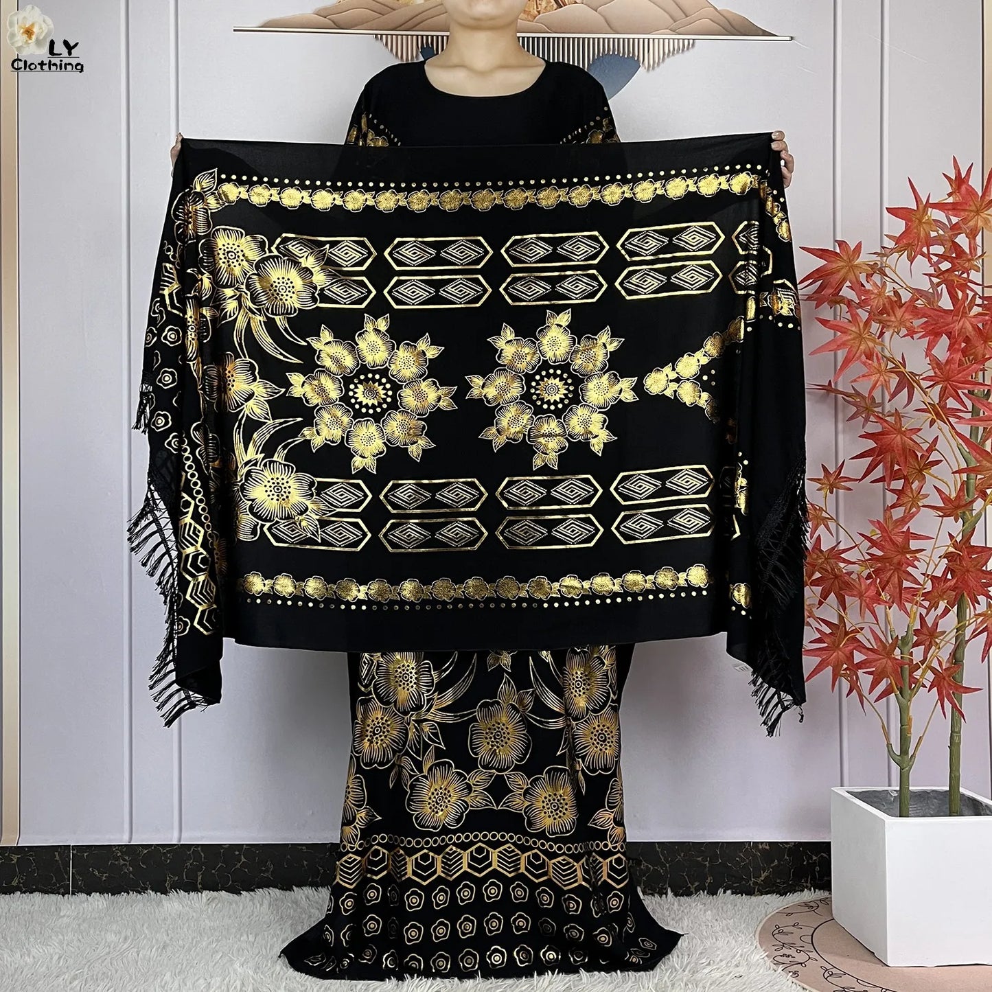 Neues Sommer-Kurzarm-Kleid aus Baumwolle für Damen mit großem Schal Goldprägung Boubou Maxi Islam Damen Afrikanische Abaya Kleidung