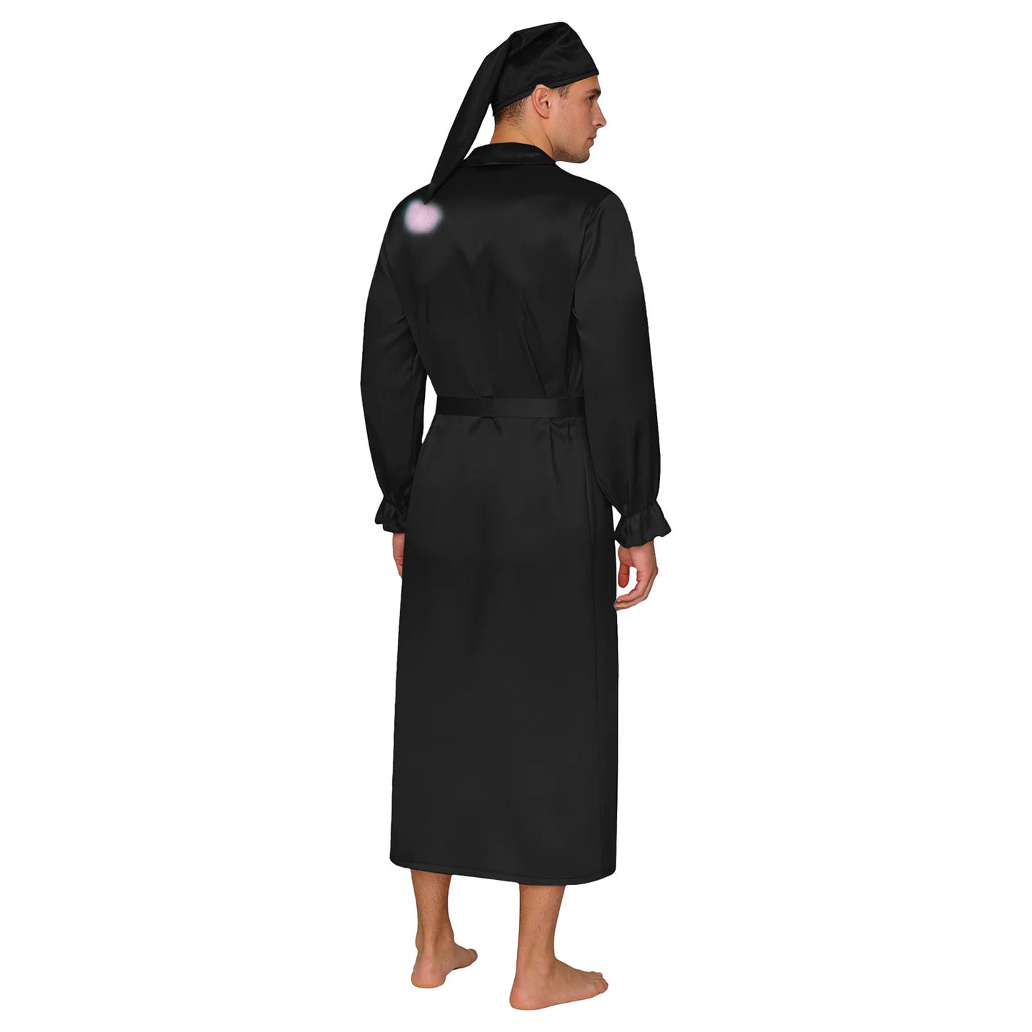 Herren Sissy Pyjama Satin-Nachtwäsche Nachthemd mit Schlafhaube Langarm Rüschenmanschetten Plissierter Brustumhang mit Gürtel Vintage