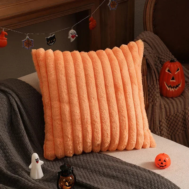 Housse de coussin en fausse fourrure de lapin, housse de coussin moelleuse et douce à rayures, oreillers décoratifs, décoration de luxe pour canapé