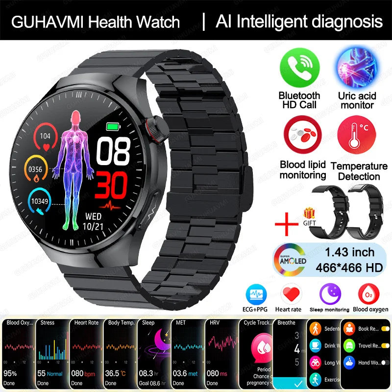Montre Intelligente de Soins Infirmiers 2025 Montre connectée Santé, oxygène sanguin, lipides sanguins, acide urique, ECG+PPG, température corporelle, appel Bluetooth