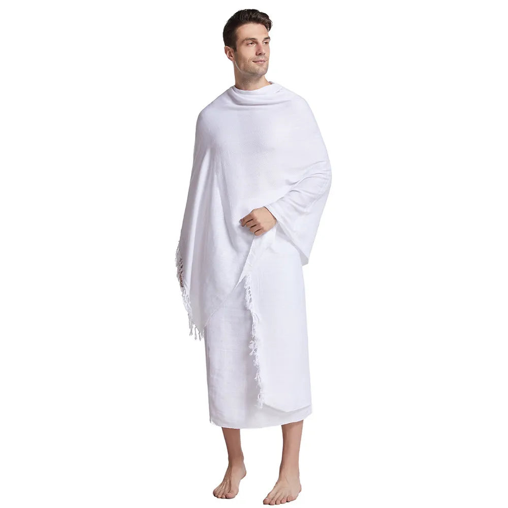 2 Stück Ihram-Pilger-Handtuch für muslimische arabische Mekka Hadsch-Kleidung Männer islamische Ramadan-Gebets-Gottesdienst-Kostüme Schal Jubba Set Thobe