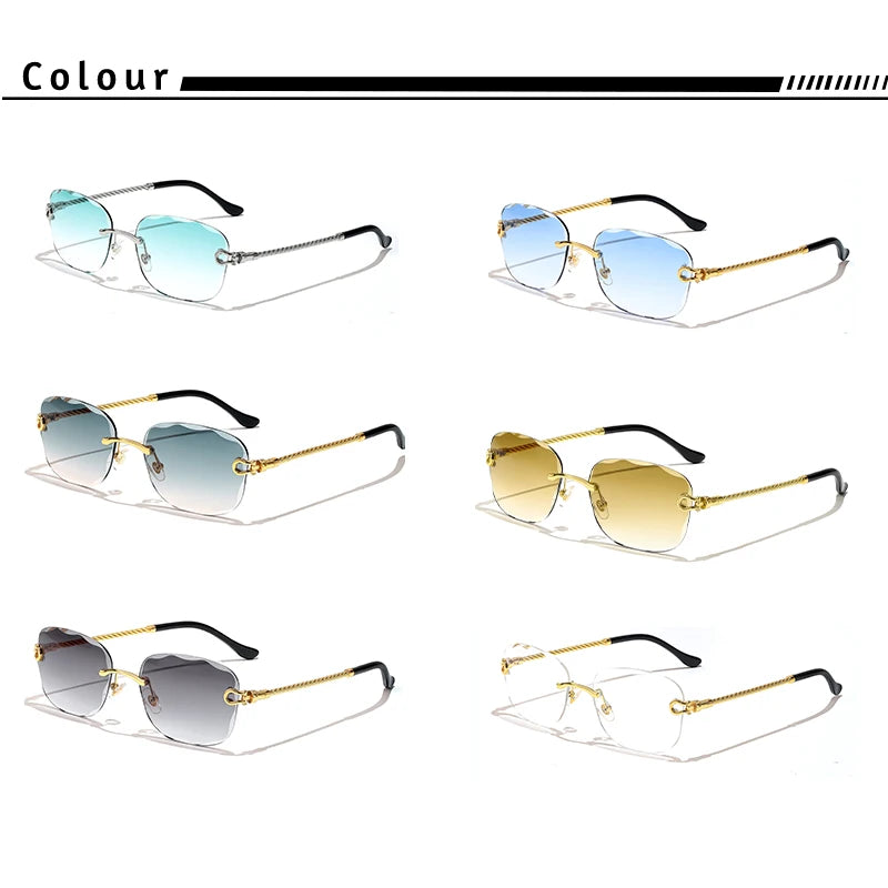 HBK Rahmenlose Metall Sonnenbrille Herren Wellenform geschnitten Sonnenbrille für Damen Reise Shopping Brille UV400 Sommer Stil