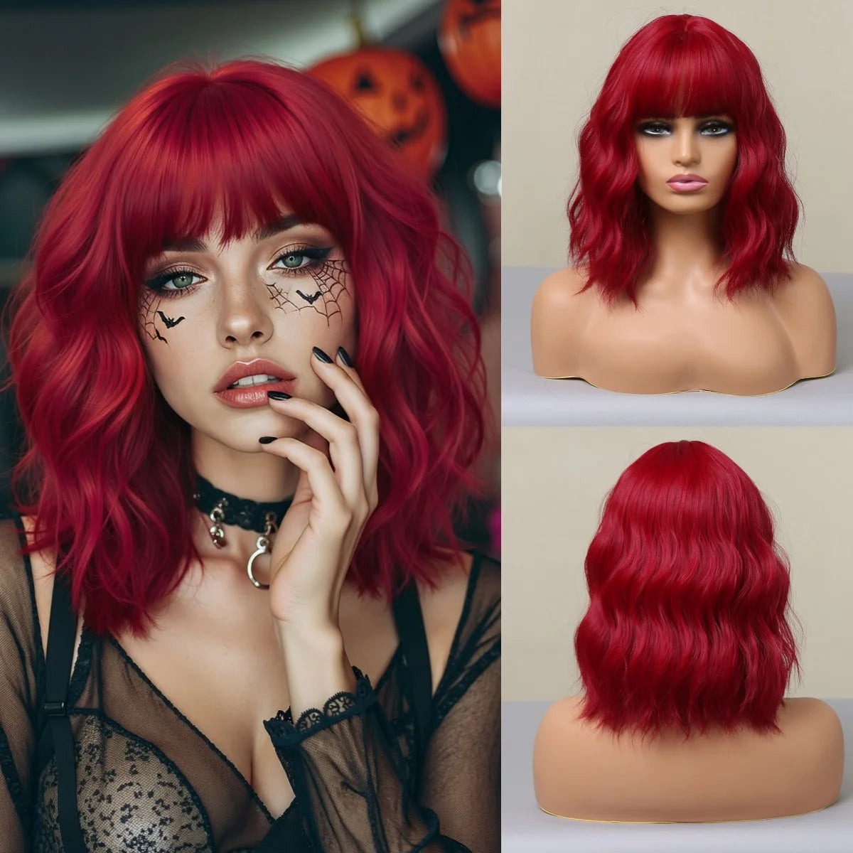 Perruque Synthétique Rouge Helloween Perruque Courte Bob Naturelle avec Frange pour Femme Fête Quotidienne Cosplay Fibre Résistante à la Chaleur