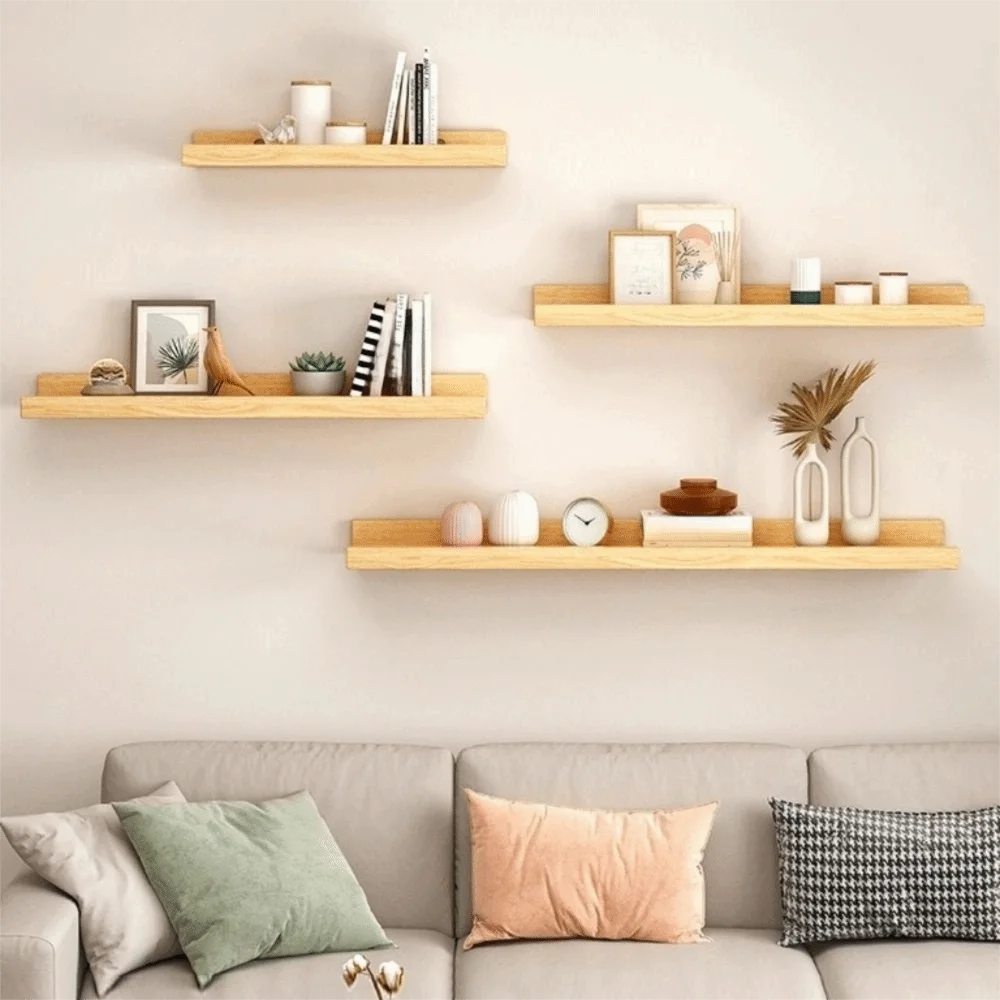 Space Saving Wooden Floating Shelf Minimalist Style Rustic Wall Mounted Storage Rack Decorative Bookshelf Organizer
