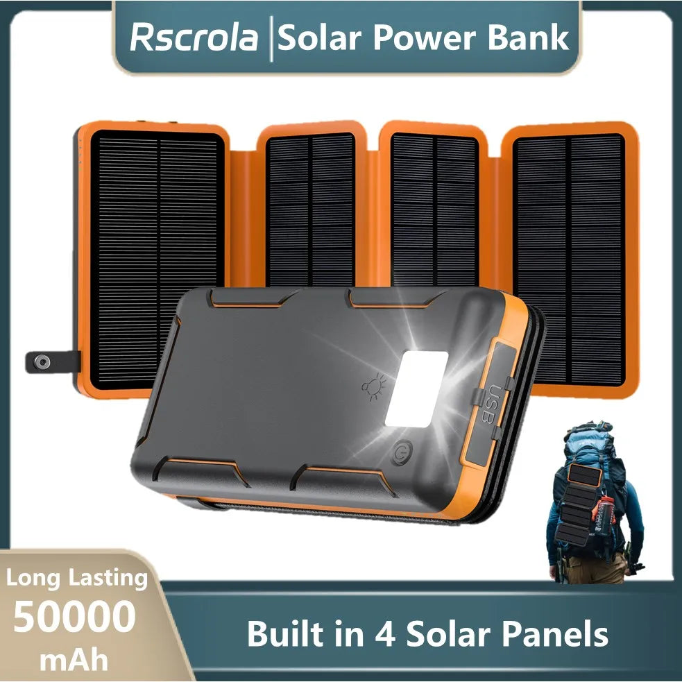 Faltbare Solar Powerbank mit 4 Solarmodulen, 50000mAh Tragbare Solar-Externbatterie Kompatibel mit iOS Android USB-A USB-C