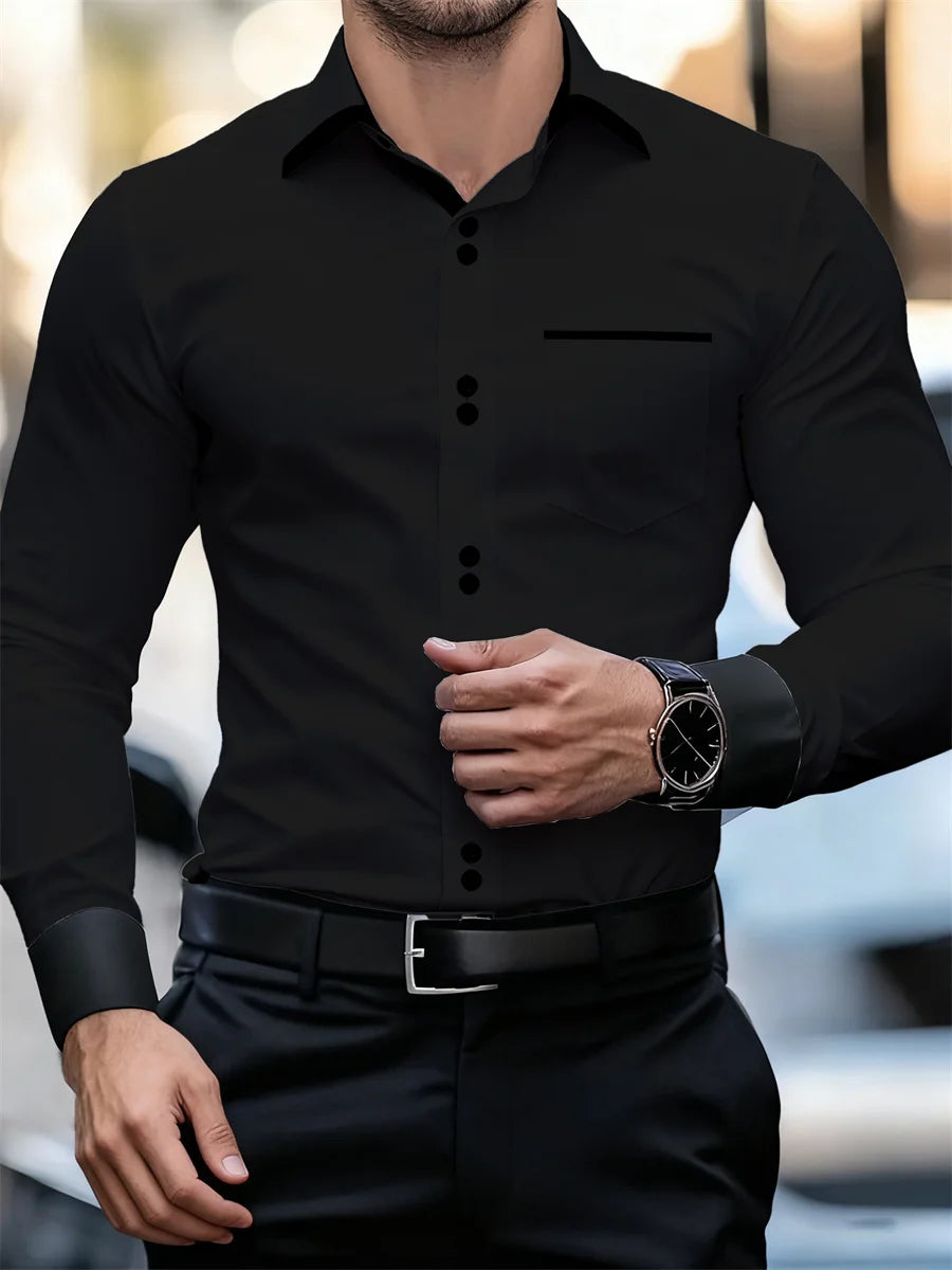 Chemise à manches longues et col color block pour hommes, coupe slim, infroissable, chemise patchwork noire et blanche, haut de mode pour hommes
