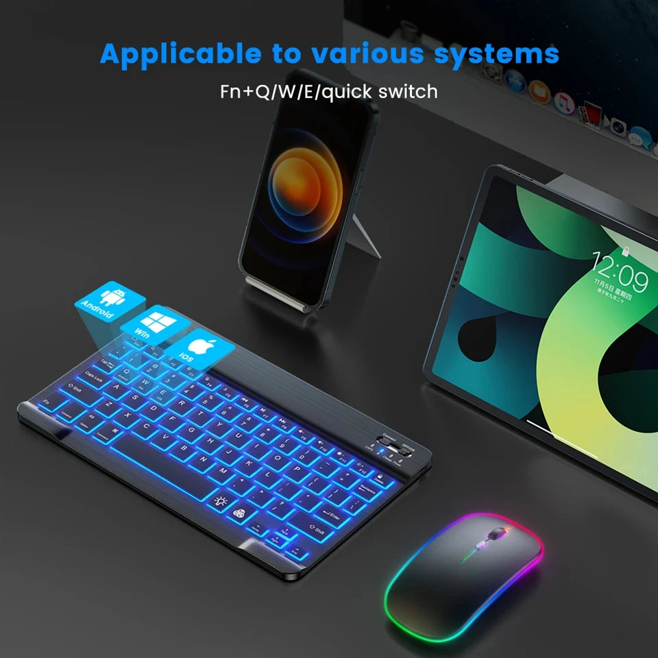 Mini RGB-Hintergrundbeleuchtungs-Tastatur 10 Zoll Bluetooth Kabellose Maus Wiederaufladbar für Spanisch Russisch Hebräisch Koreanisch Französisch Arabisch Portugiesisch