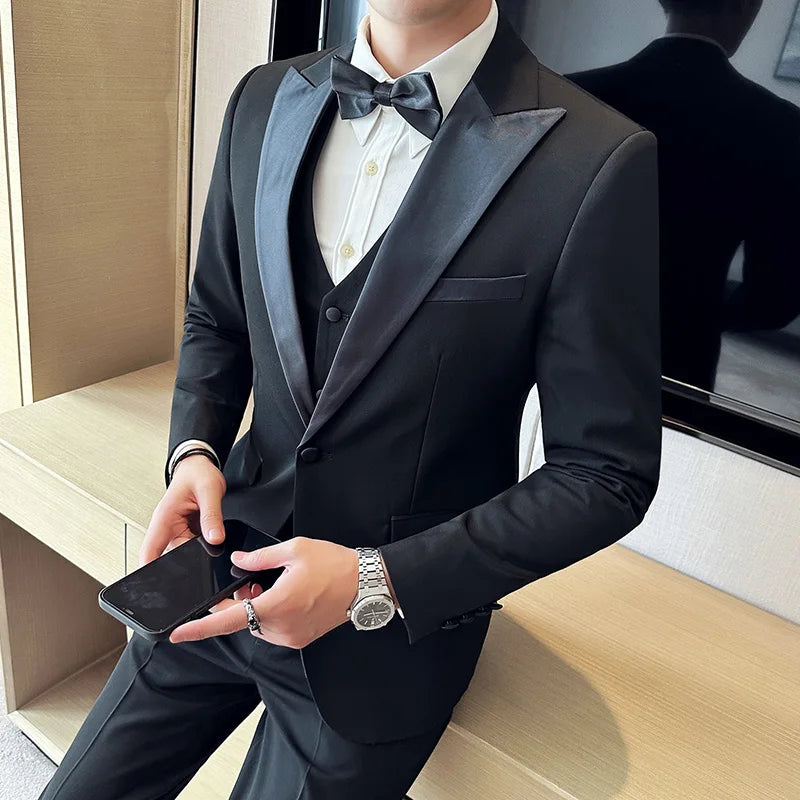 S-7XL (Jacke+Weste+Hose) Mode-Boutique Gitter Anzug Formeller Business Herren Anzug 3-teiliges Set Bräutigam Hochzeitskleid Karierter Anzug Showbühne