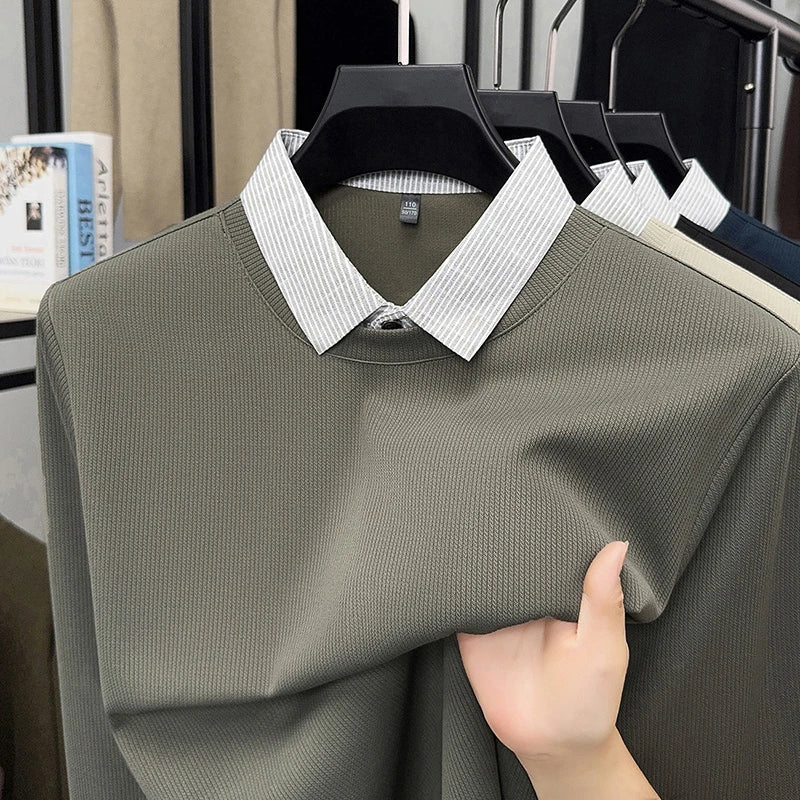 Nouveau polo faux deux pièces pour homme 2025, décontracté, à la mode, à manches longues, col t-shirt, haut polyvalent