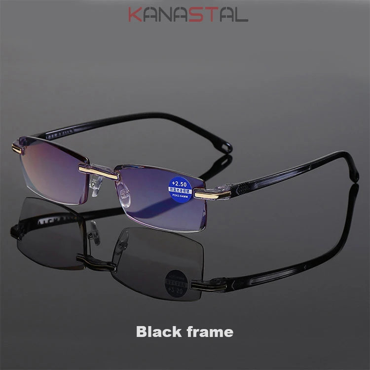 Lunettes de lecture anti-lumière bleue pour femmes, monture sans bords à découpe diamantée, pour hommes, anti-fatigue, hypermétropie, presbytie +1,5