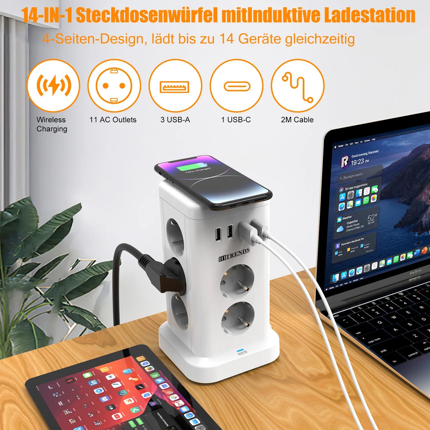15-in-1 intelligente Steckdosenleiste kabelloses Schnellladen 3680W 3USB-A und 1USB-C 2 Meter Verlängerungskabel Hauptschalter