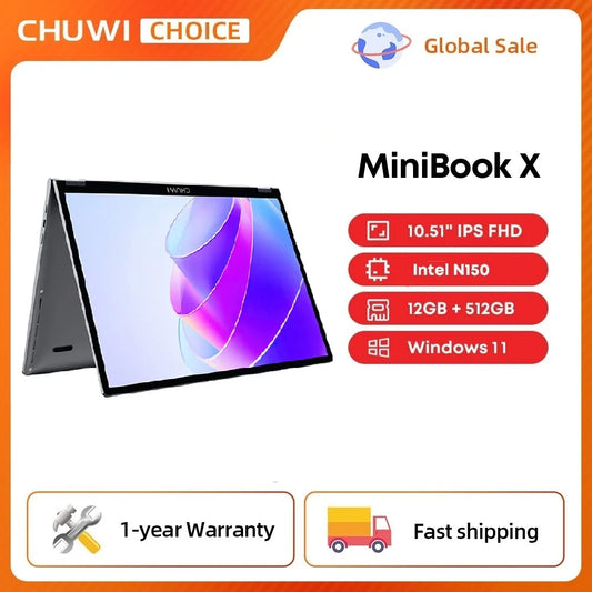 CHUWI MiniBook X N150 Laptop 10,51 Zoll 16 GB / 12 GB RAM 512 GB SSD 2-in-1 Yoga-Modus Intel Windows 11 Notebook 360° klappbar WiFi 6