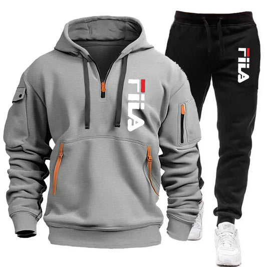Herbst und Winter heiß begehrtes Herren-Kapuzensweatshirt + Freizeithose, zweiteiliges Outdoor-Set mit mehreren Taschen und Sporthose