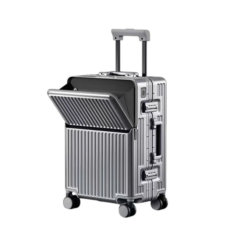 Neuer Koffer Aluminiumrahmen Frontöffnung Laptoptasche Multifunktionale Reisekoffer 20 Zoll Kabinengepäck Rollkoffer