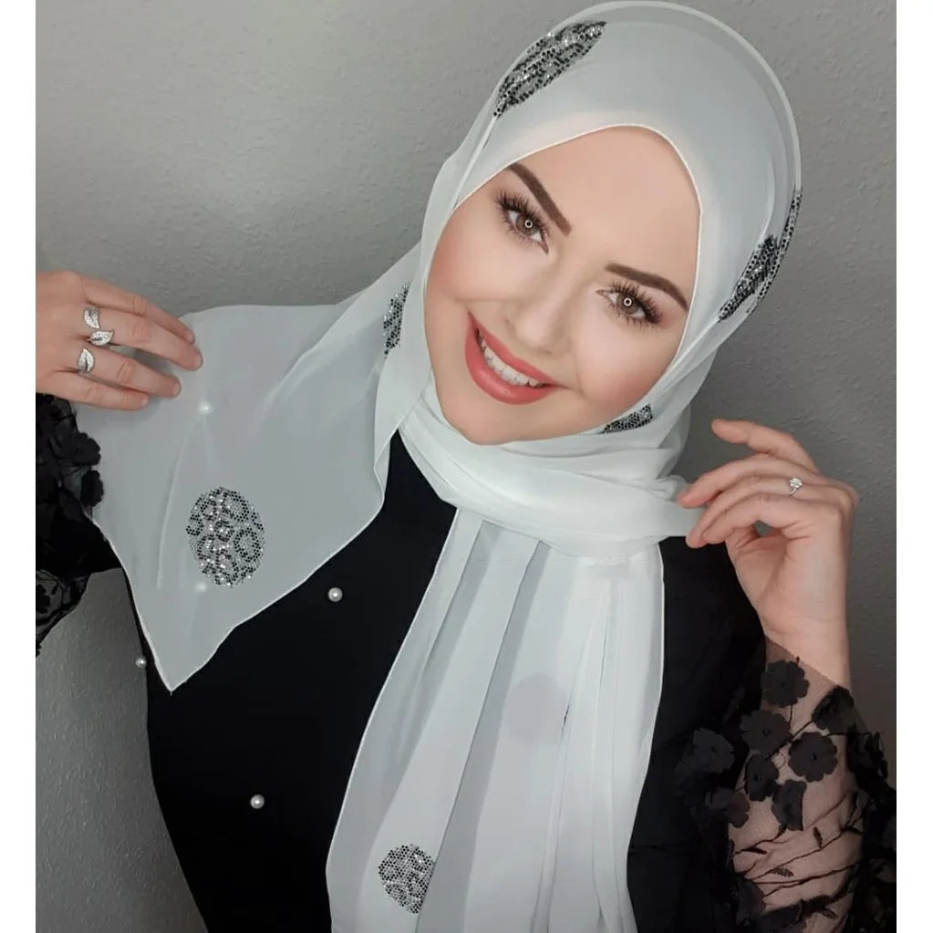 Turban instant musulman Strass Blanc Mousseline Hijab Abaya Hijabs pour femme Abayas Jersey Écharpe de tête scintillante Robe Femmes Turbans