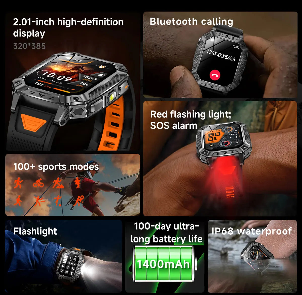 Montre connectée homme 2026 avec batterie ultra-large intégrée de 1400 mAh, GPS extérieur, écran AMOLED de 2,01", étanche 10 ATM, appel BT