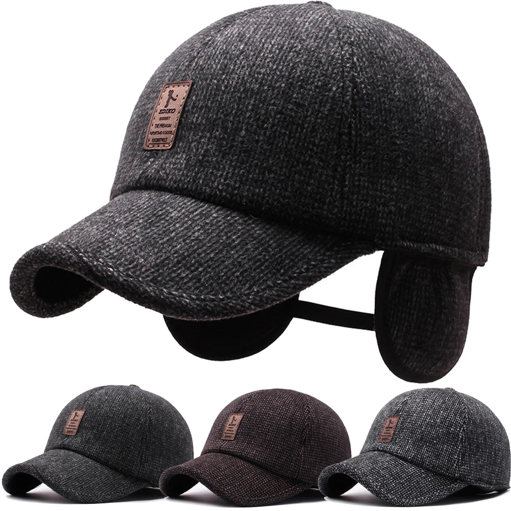 Casquette de baseball en laine tricotée pour l'hiver, cache-oreilles, casquette de baseball pour hommes, chapeaux chauds et épais avec protège-oreilles, casquettes de sport de golf, snapback
