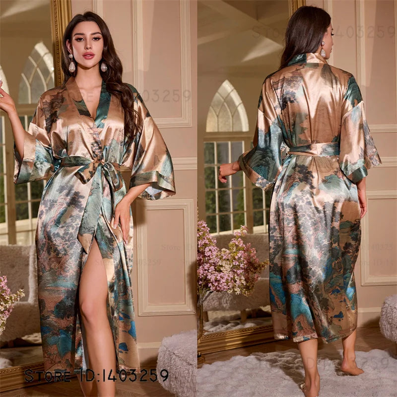 Großer Kimono Bademantel Blütenmuster Langer Morgenmantel Negligé Hauskleidung Frühling Sommer Neue Nachtwäsche Lose Pyjamas