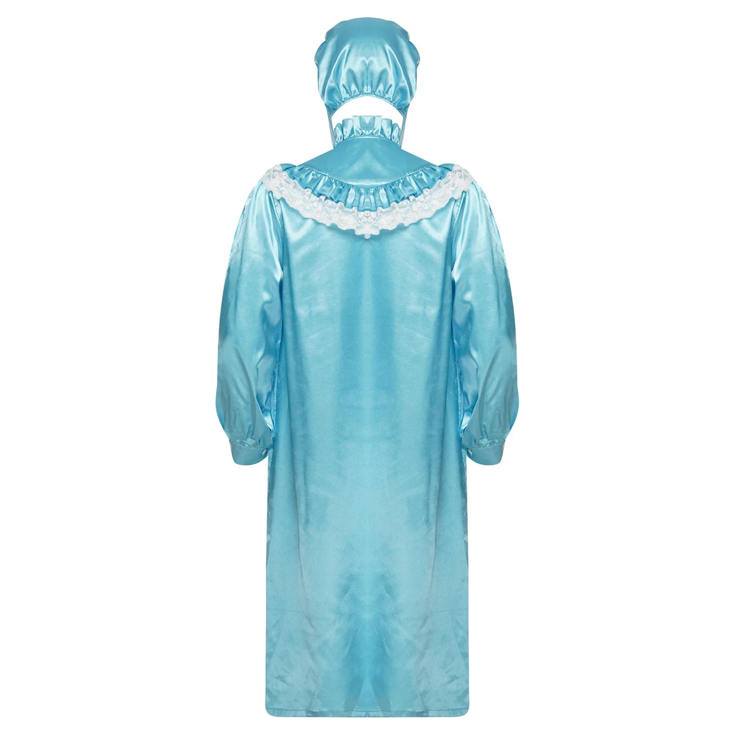Pyjama homme à volants et dentelle, nuisette victorienne Sissy avec chapeau, robe de nuit satinée à manches longues et fermeture éclair sur le devant