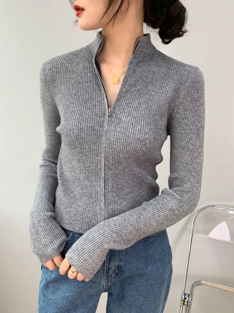 Frühling Herbst Reißverschluss Cardigan Damen Pullover Gestrickt Langarm Stehkragen Oberteile Koreanische Mode Kurzer Pullover für Damen