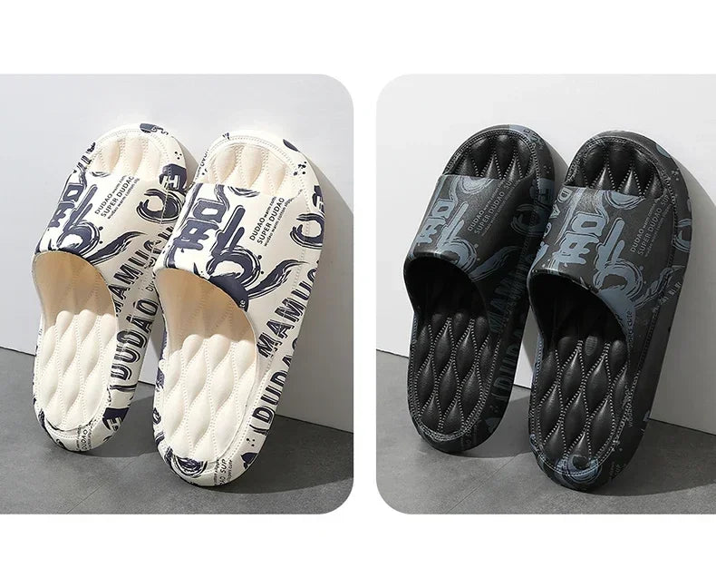 QYCKABY 2024 Mens Summer Slippers Beach Sandals Flip Flop Printing Thick Soled Boys Girls Unisex Home Bath Shoe Large Size 46-47