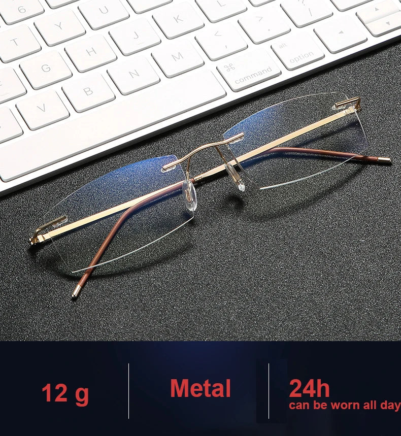Lunettes de lecture anti-lumière bleue pour femmes, monture sans bords à découpe diamantée, pour hommes, anti-fatigue, hypermétropie, presbytie +1,5