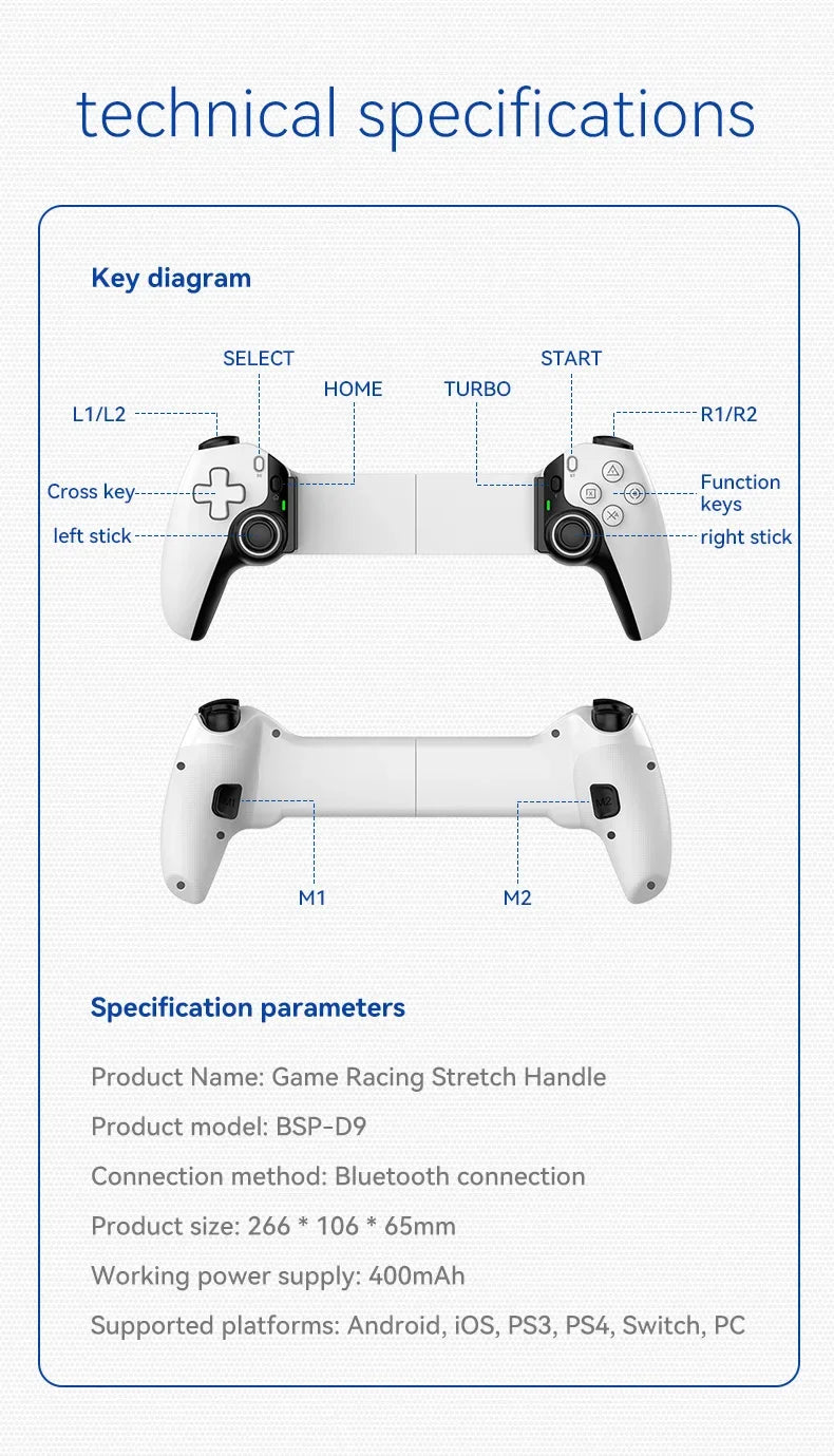 Hot Sale BSP D9 Tablet Controller Kabelloser Griff für Switch Game Bluetooth Stretching Joystick für PS3 PS4 Android IOS Gamepad