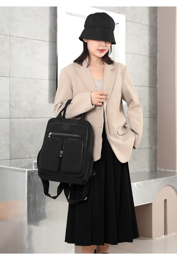 Fashion Multi-pocket Woman's Backpack Soft Handle Solid Color Nylon Travel Backpack Lightweight Casual School Backpacks