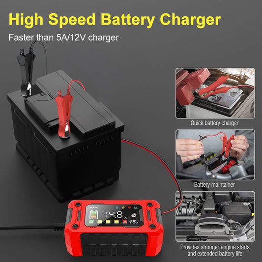 Neuestes 12V Auto Batterieladegerät 15A/8A Puls Reparatur Großes Display Smart Ladegerät für Auto Motorrad Blei-Säure AGM GEL Batterien