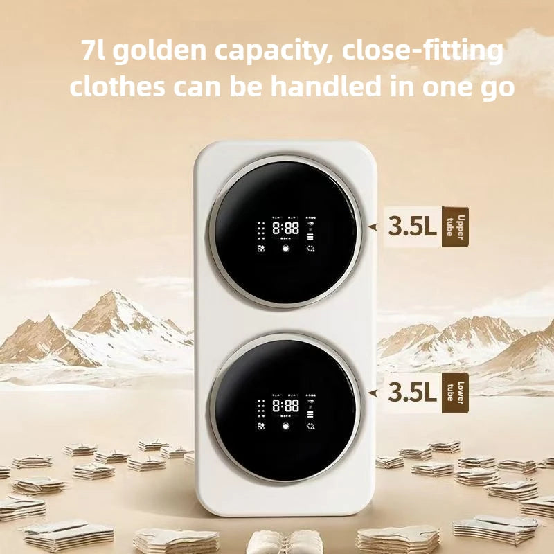 Mini lave-linge portable mural 7L avec double tambour indépendant et séchoir, avec outils de nettoyage du linge