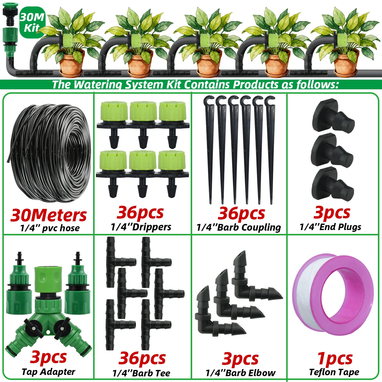 Kit d'irrigation goutte à goutte pour jardin 5-30M Tuyau 1/4'' Système d'arrosage automatique Économie d'eau portable réglable pour plantes et fleurs de serre