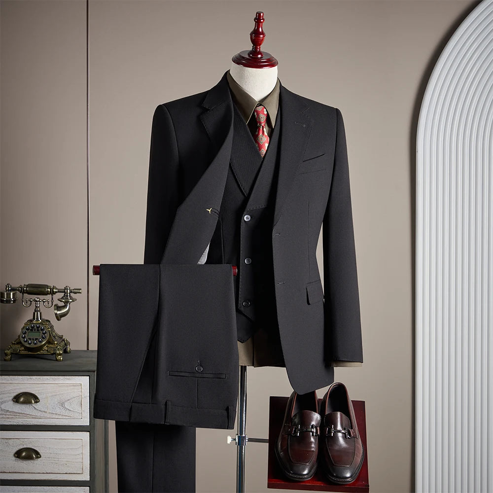 Ensemble de costume trois pièces en laine haut de gamme pour homme, élégant et décontracté, de couleur unie, idéal pour banquets et mariages.