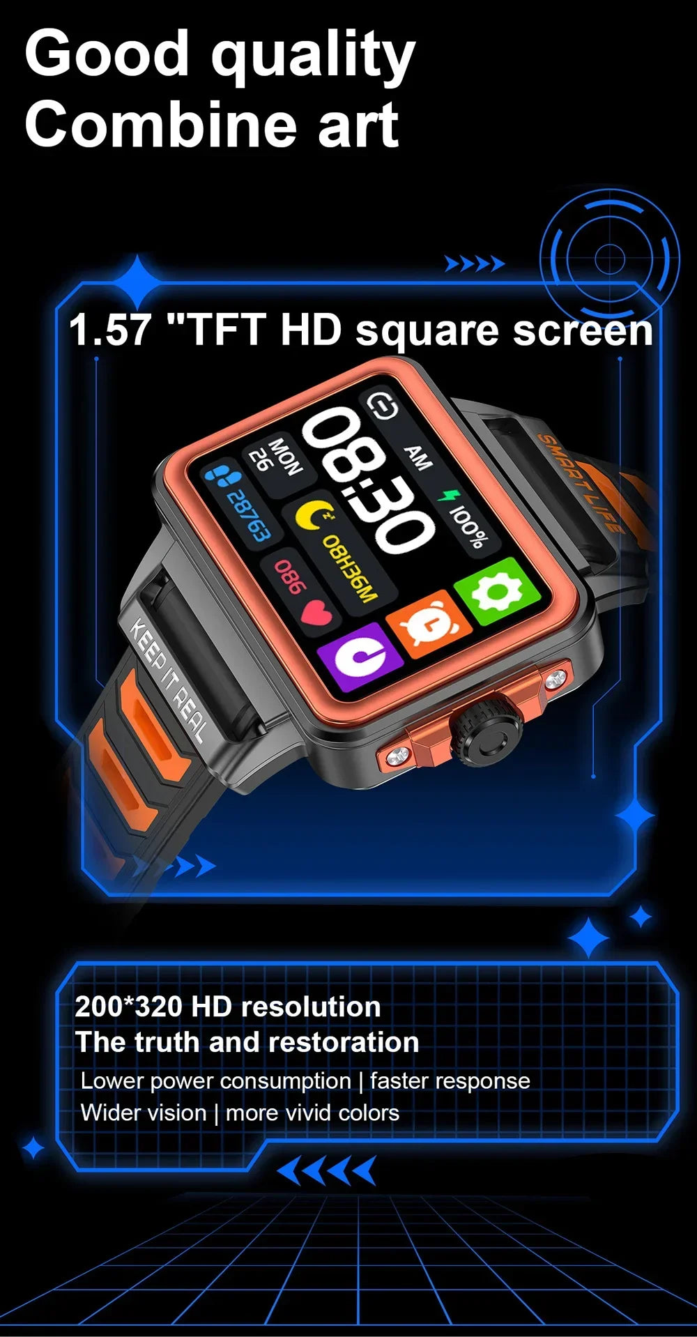 Hip-Hop-Fashion-Persönlichkeit Smartwatch 1,57 Zoll HD-Bildschirm 24h Kontinuierliche Herzfrequenz Schlafmonitor Spiel Wasserdichte Smartwatch