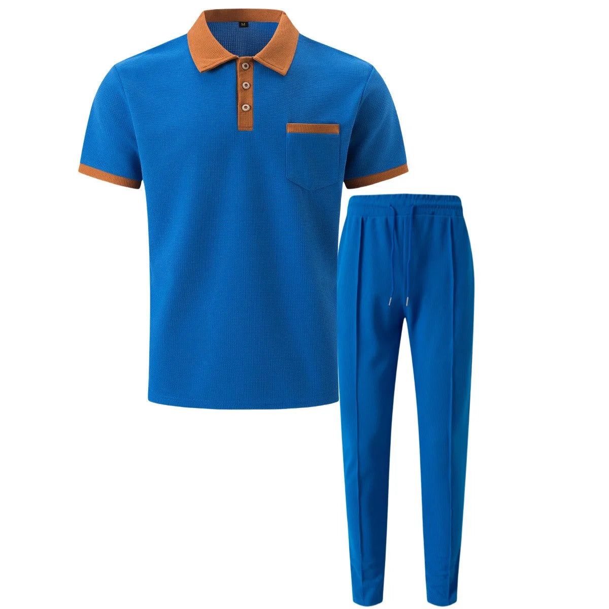 Ensemble deux pièces gaufré pour homme : polo contrasté avec poche poitrine et pantalon long à cordon de serrage, tenues décontractées pour la vie quotidienne.
