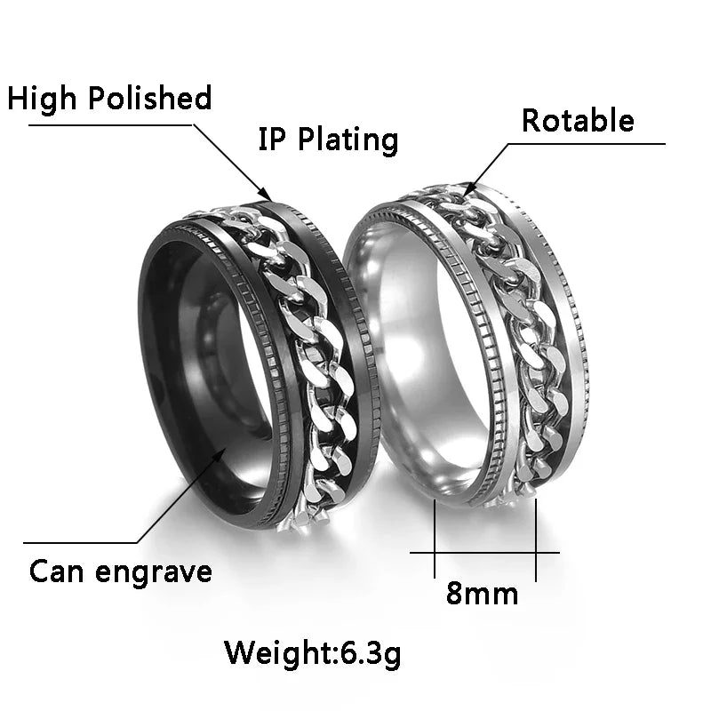 Westliche Mode Einfaches Design Drehbare Kettenring Silber Schwarz Gold Farbe Titan Stahl Ringe für Herren Damen