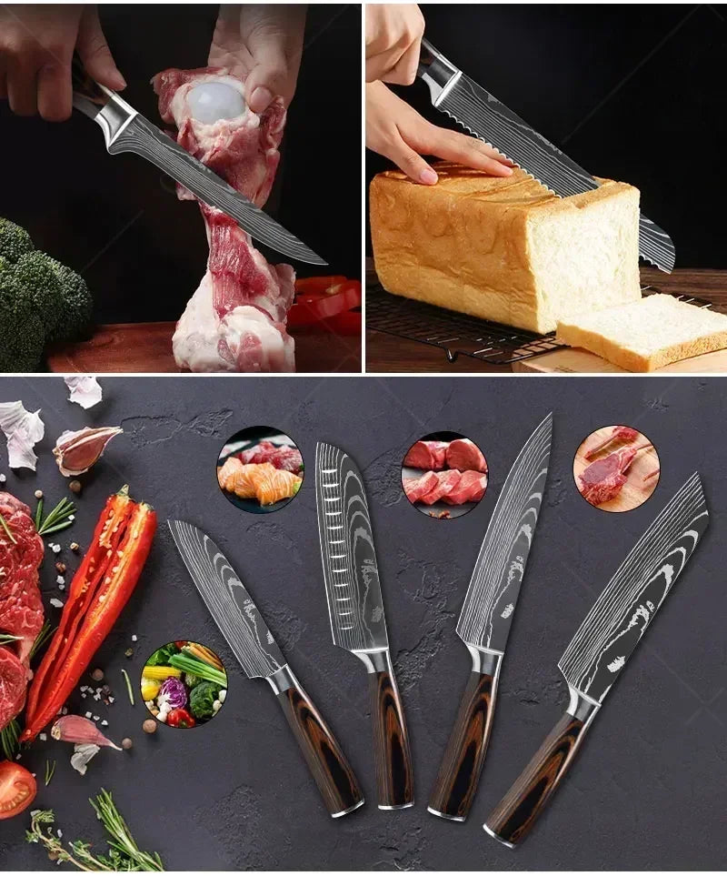 Couteau de Chef Damas Ensemble de Couteaux de Cuisine Professionnels Couteau à Désosser Couteau de Boucher Couteau Utilitaire Couteau Santoku Japonais avec Housse