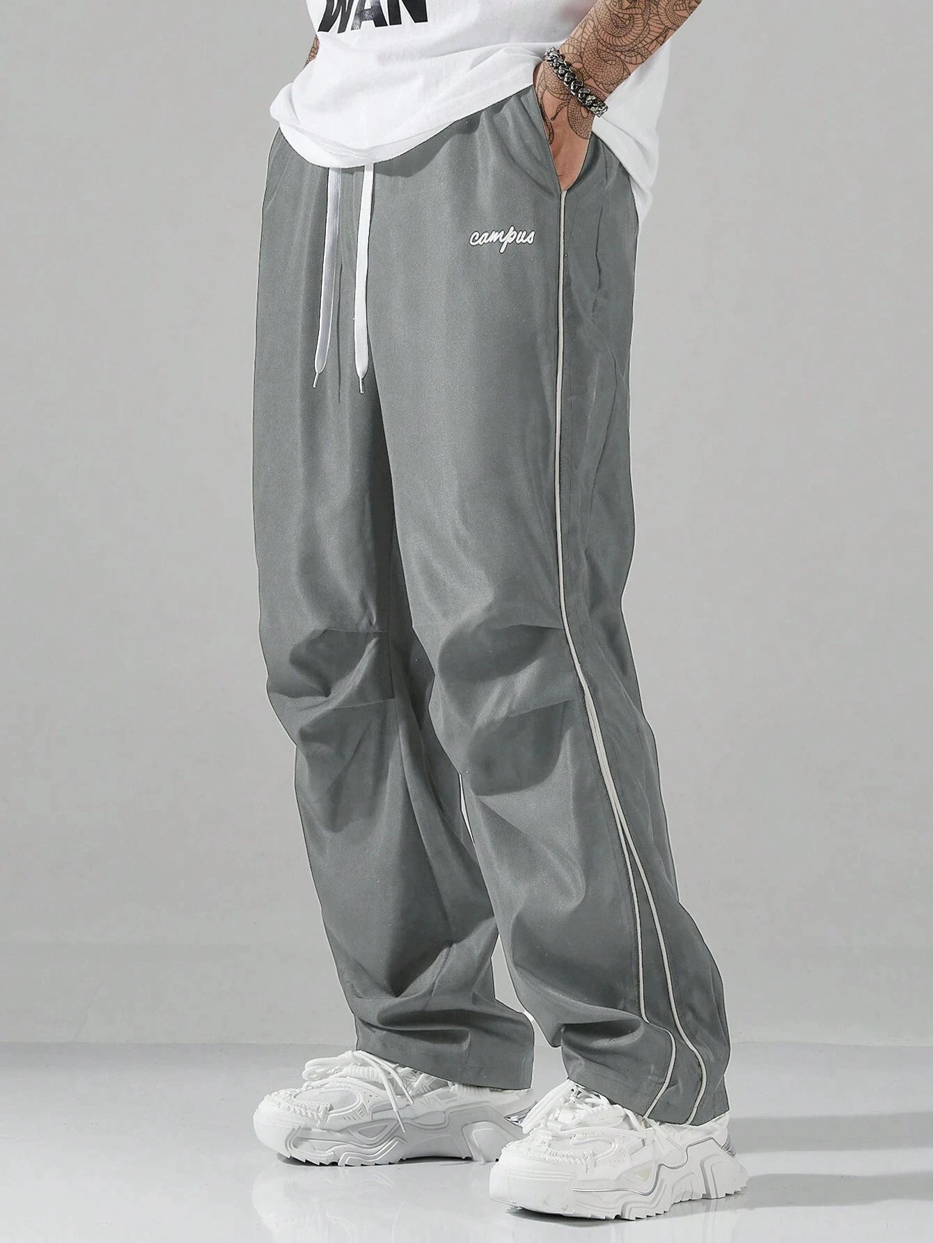 Larbulse Herren-Hosen mit Kontrastbesatz, modische Freizeithosen, einfarbig, atmungsaktiv, locker, gerades Bein, Kordelzug, Streetwear