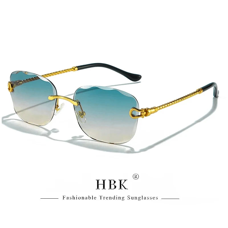 HBK Rahmenlose Metall Sonnenbrille Herren Wellenform geschnitten Sonnenbrille für Damen Reise Shopping Brille UV400 Sommer Stil