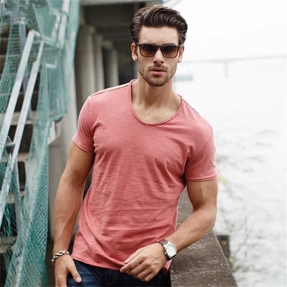 AIOPESON 5 PCS SET 100% COTTON V-neck T-shirts Men Casual Slim Fit Solid Color Summer T Shirt for Men Brand New Quality