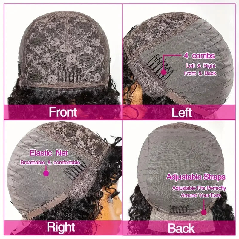 30 Zoll Water Wave Echthaarperücken mit Pony, klebefreie Pony-Perücke, Kinky Curly Bob Perücke mit Pony, vollmaschinell gefertigte Perücke, 180%