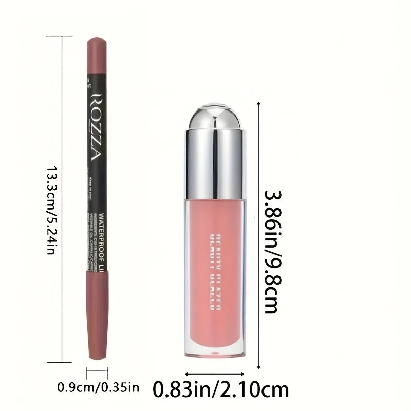 2Pcs Lip Liner Lip Gloss Set,Longlasting Natural Nude Lip Glow Waterproof Lip Oil