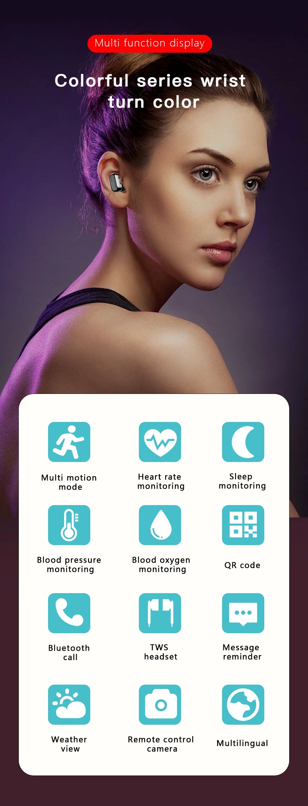 Montre Intelligente 2 en 1 X7 avec Écouteurs Montre Connectée Écouteurs Bluetooth TWS Moniteur de Fréquence Cardiaque et de Pression Artérielle Montre Sport Montre Fitness