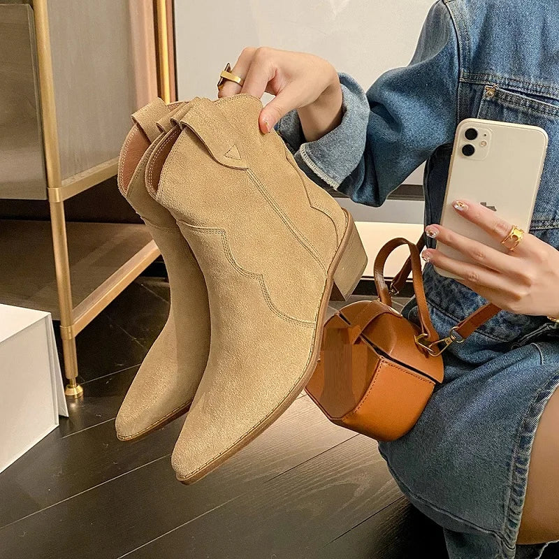 Bottes Chelsea pour femme en suède de vache à bout pointu et talon épais, bottines cousues, chaussures d'hiver, bottes western pour femme, printemps automne