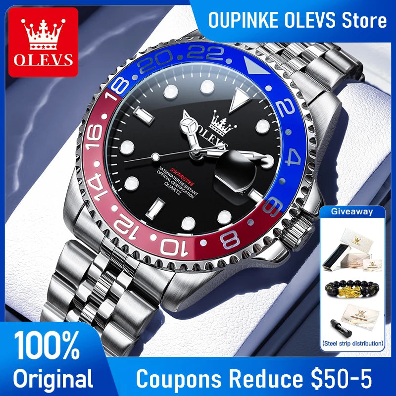 OLEVS 5657 Montre Homme Originale Acier Inoxydable Date Quartz Étanche Lumineuse Montres de Sport Pour Homme Cadeaux Boîte Reloj
