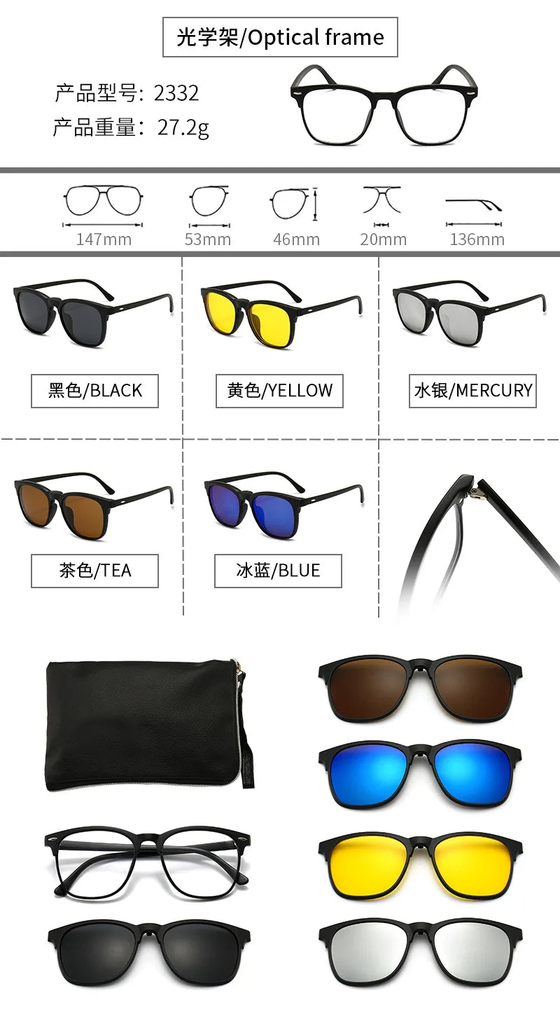 6 In 1 Polarized Sunglasses Men Women Magnetic Clip On Glasses TR90 Optical Prescription Eyeglass Frames Magnet Clips