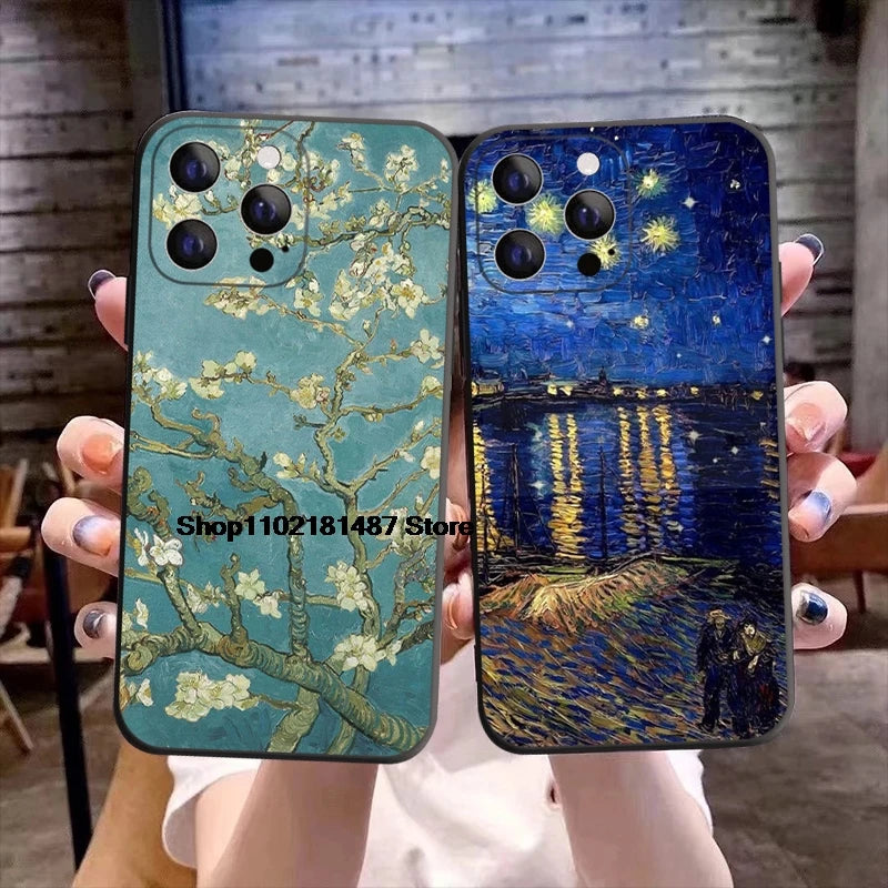 Art Van Gogh Sternenklare Sonnenblume Handyhülle für iPhone 11 12 13 14 15 16 17 Pro Max 17AIR 14 15 16 Plus Schwarze Weiche Silikonhülle