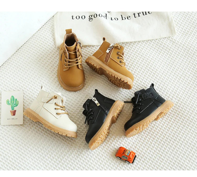 2024 New Spring/Autumn Baby Boots Leather British Style Boys Fashion Boots Rubber Sole Zip Side Toddler Girls Ankle Boots 15-25